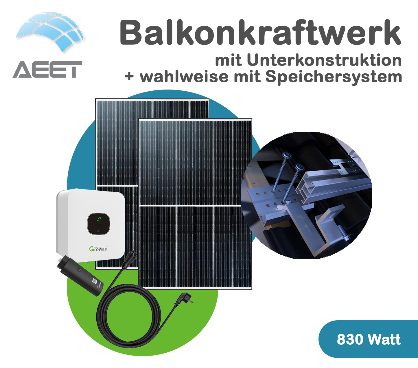 Balkonkraftwerk-830 Watt mit Halterung Ziegeldach