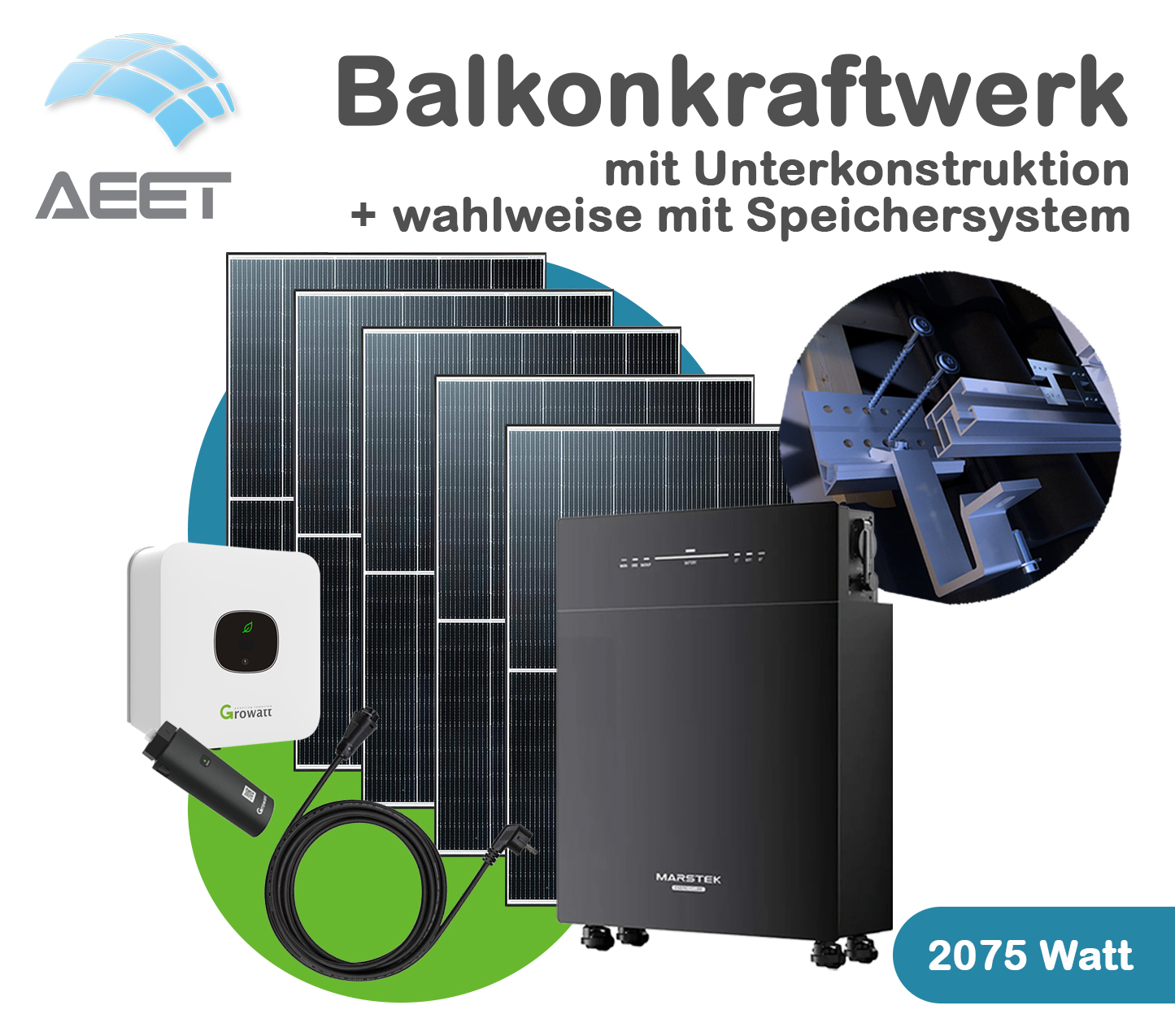 Balkonkraftwerk-2075 Watt - Ziegeldach - AC Speicher 5120 Wh